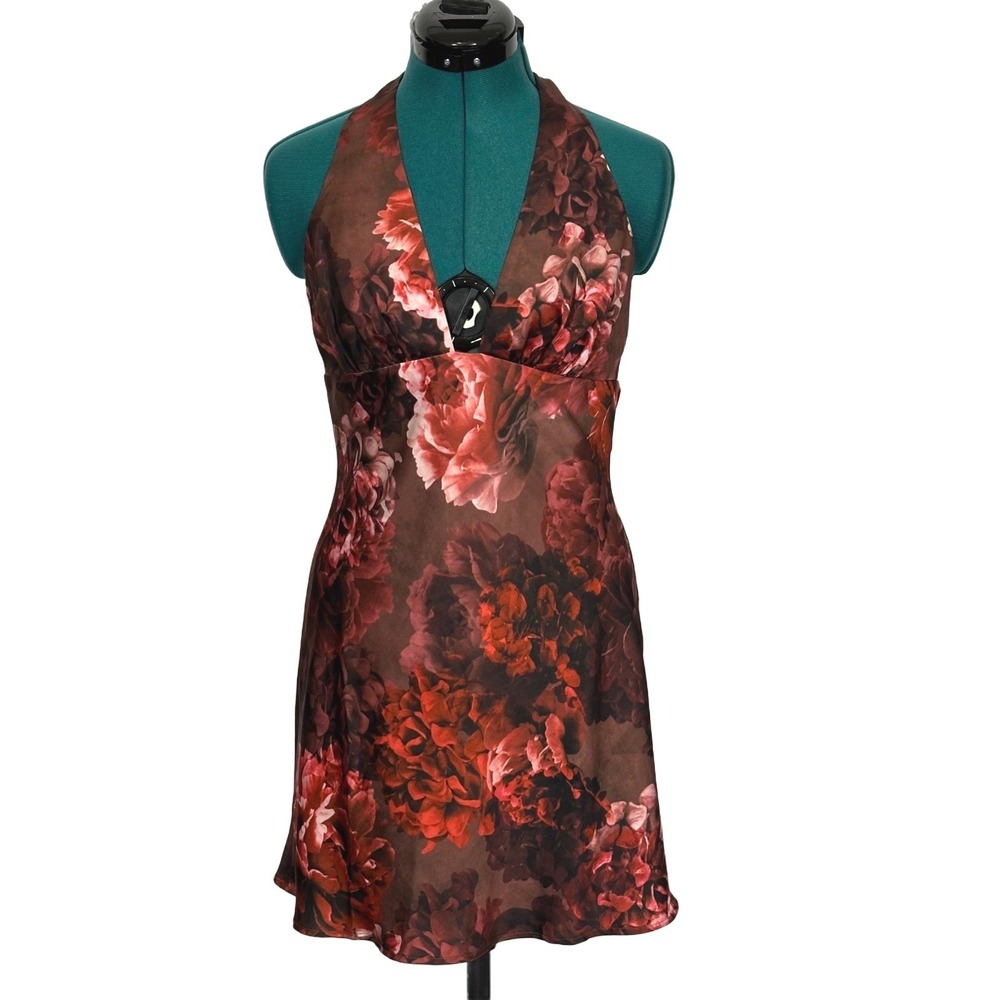 MESHKI Halter Mini Dress Floral Backless Size M Brown Red Satin Party Glam